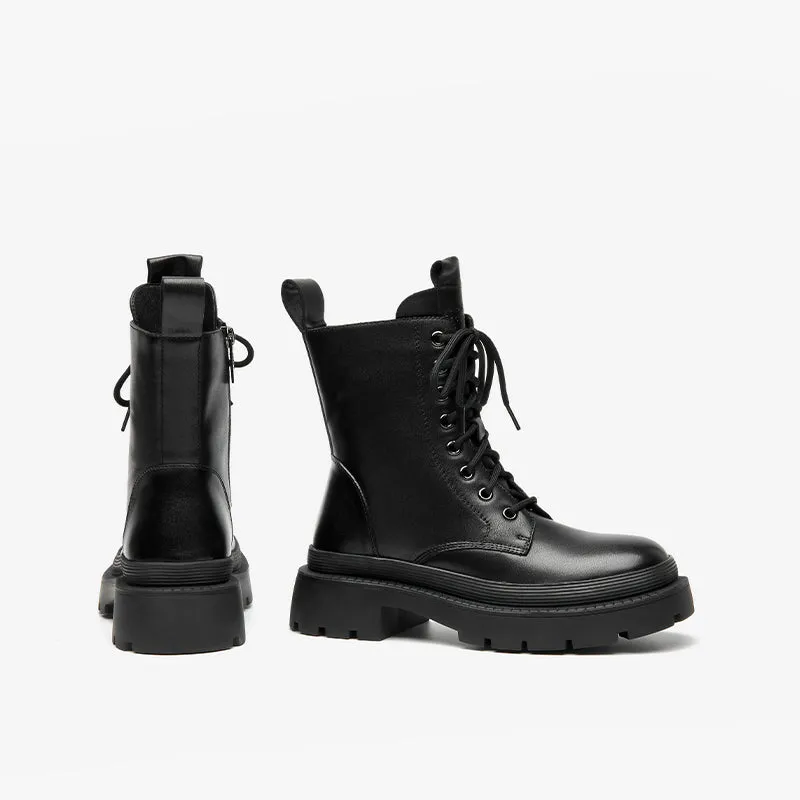 BeauToday Cow Leather Round Toe Lace Up Combat Boots with Side Zipper For Women