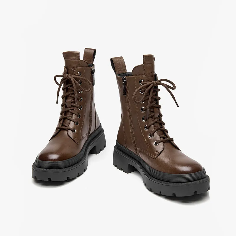 BeauToday Cow Leather Round Toe Lace Up Combat Boots with Side Zipper For Women