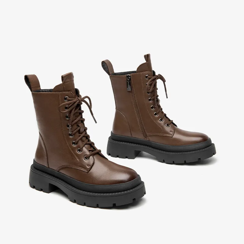 BeauToday Cow Leather Round Toe Lace Up Combat Boots with Side Zipper For Women