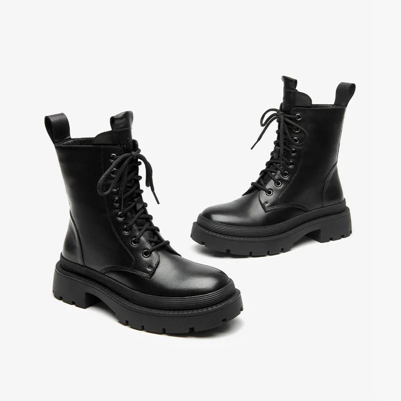 BeauToday Cow Leather Round Toe Lace Up Combat Boots with Side Zipper For Women