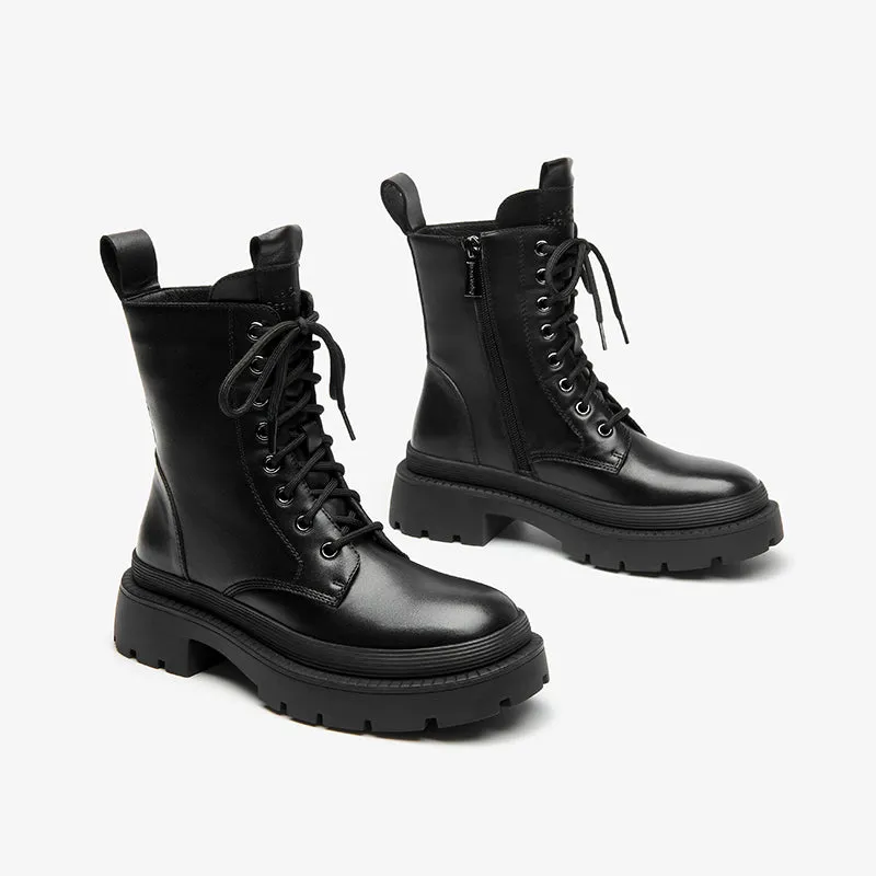 BeauToday Cow Leather Round Toe Lace Up Combat Boots with Side Zipper For Women