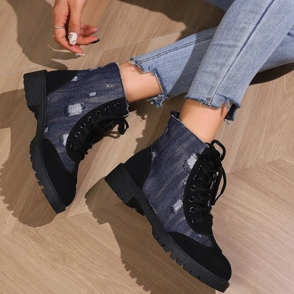 Betterthy Women's Fashion Retro Denim Patchwork Chunky Platform Heeled Ankle Boots