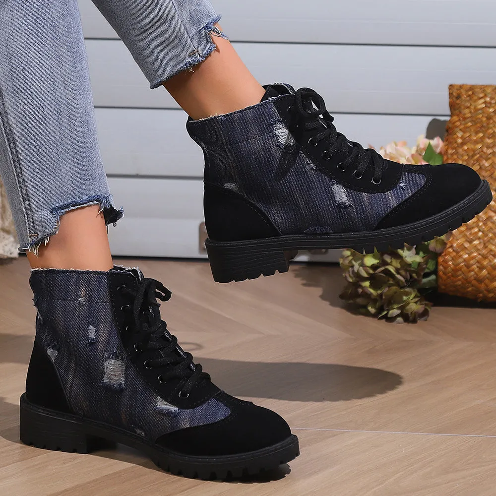 Betterthy Women's Fashion Retro Denim Patchwork Chunky Platform Heeled Ankle Boots