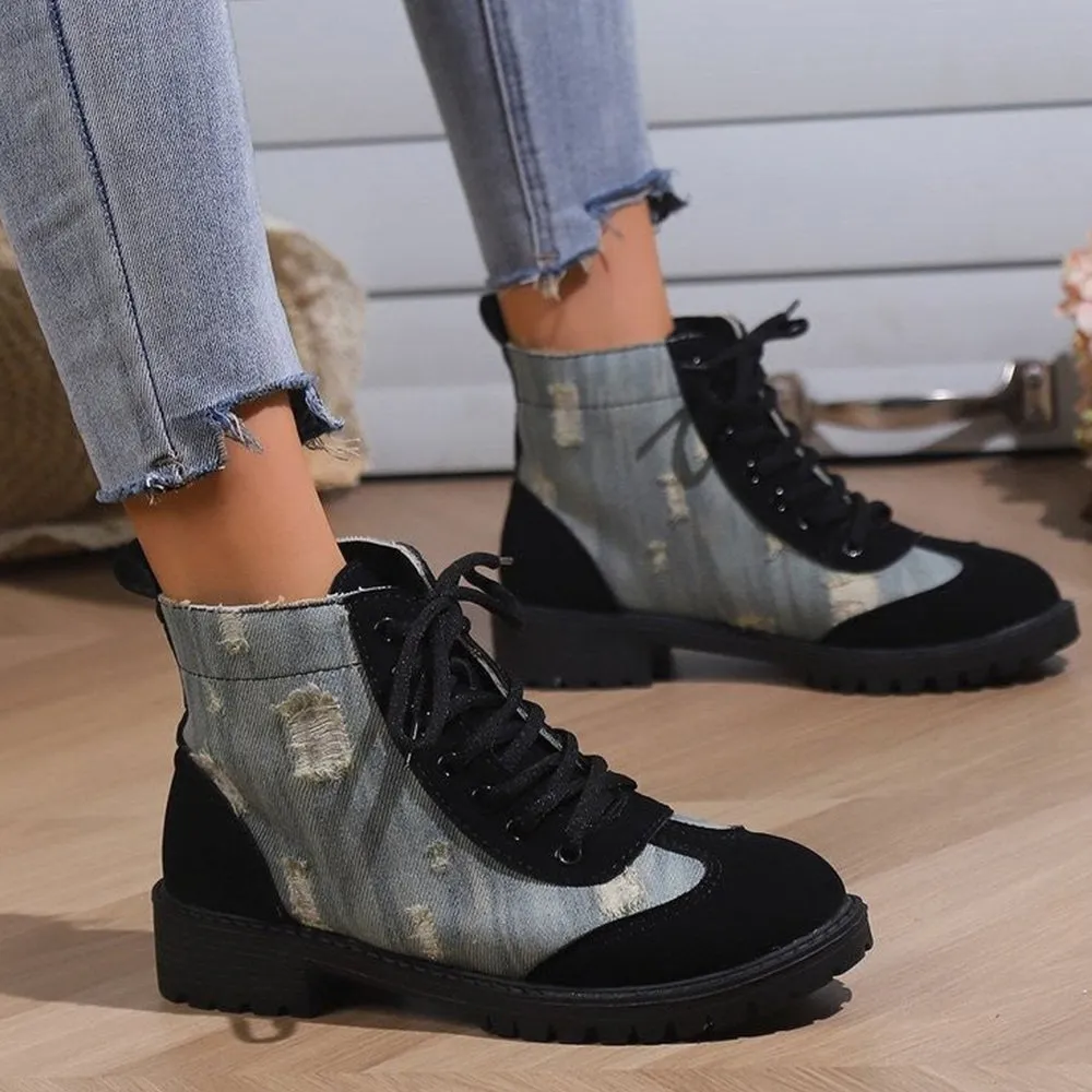 Betterthy Women's Fashion Retro Denim Patchwork Chunky Platform Heeled Ankle Boots
