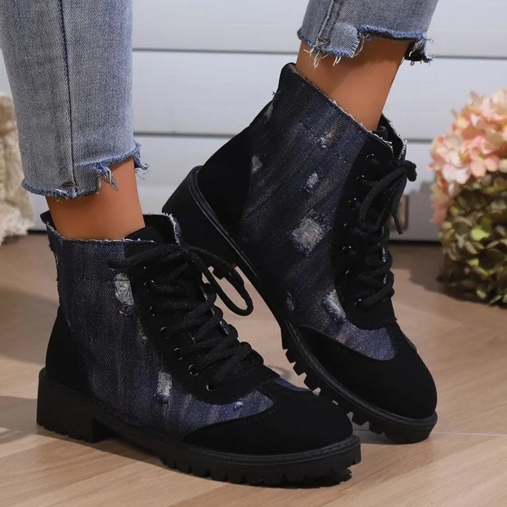 Betterthy Women's Fashion Retro Denim Patchwork Chunky Platform Heeled Ankle Boots
