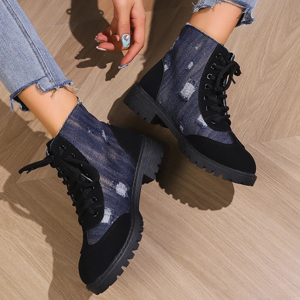Betterthy Women's Fashion Retro Denim Patchwork Chunky Platform Heeled Ankle Boots