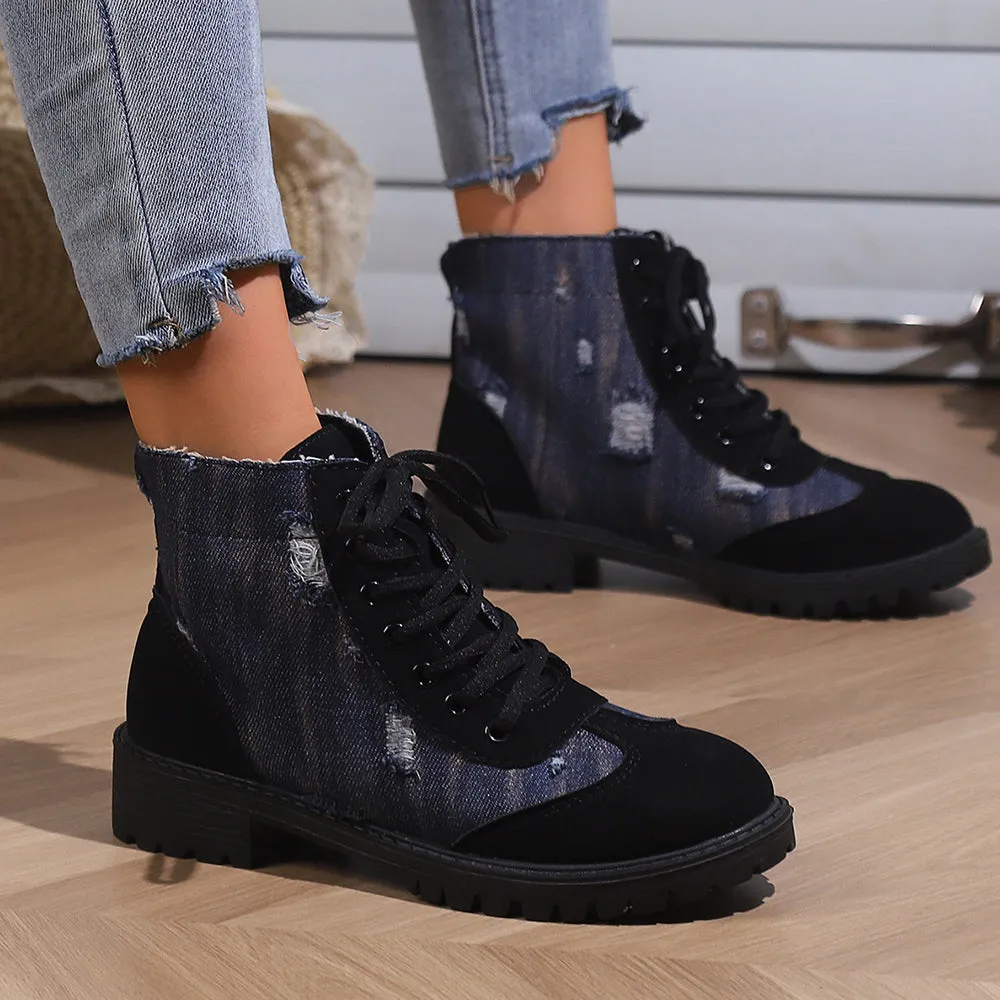 Betterthy Women's Fashion Retro Denim Patchwork Chunky Platform Heeled Ankle Boots