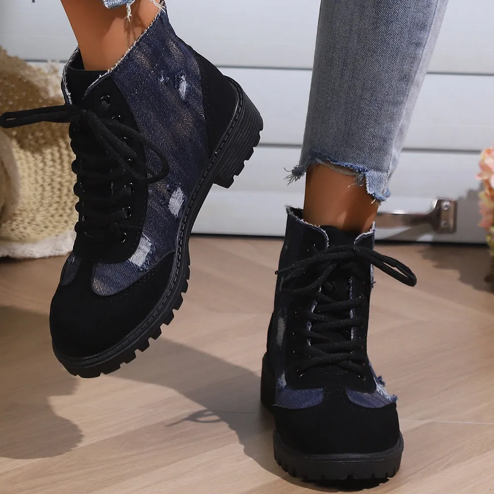 Betterthy Women's Fashion Retro Denim Patchwork Chunky Platform Heeled Ankle Boots