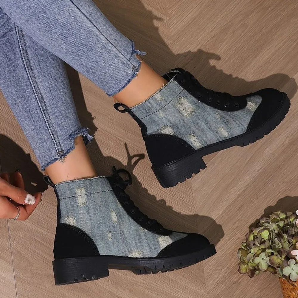 Betterthy Women's Fashion Retro Denim Patchwork Chunky Platform Heeled Ankle Boots