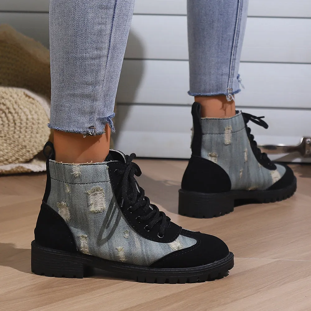 Betterthy Women's Fashion Retro Denim Patchwork Chunky Platform Heeled Ankle Boots