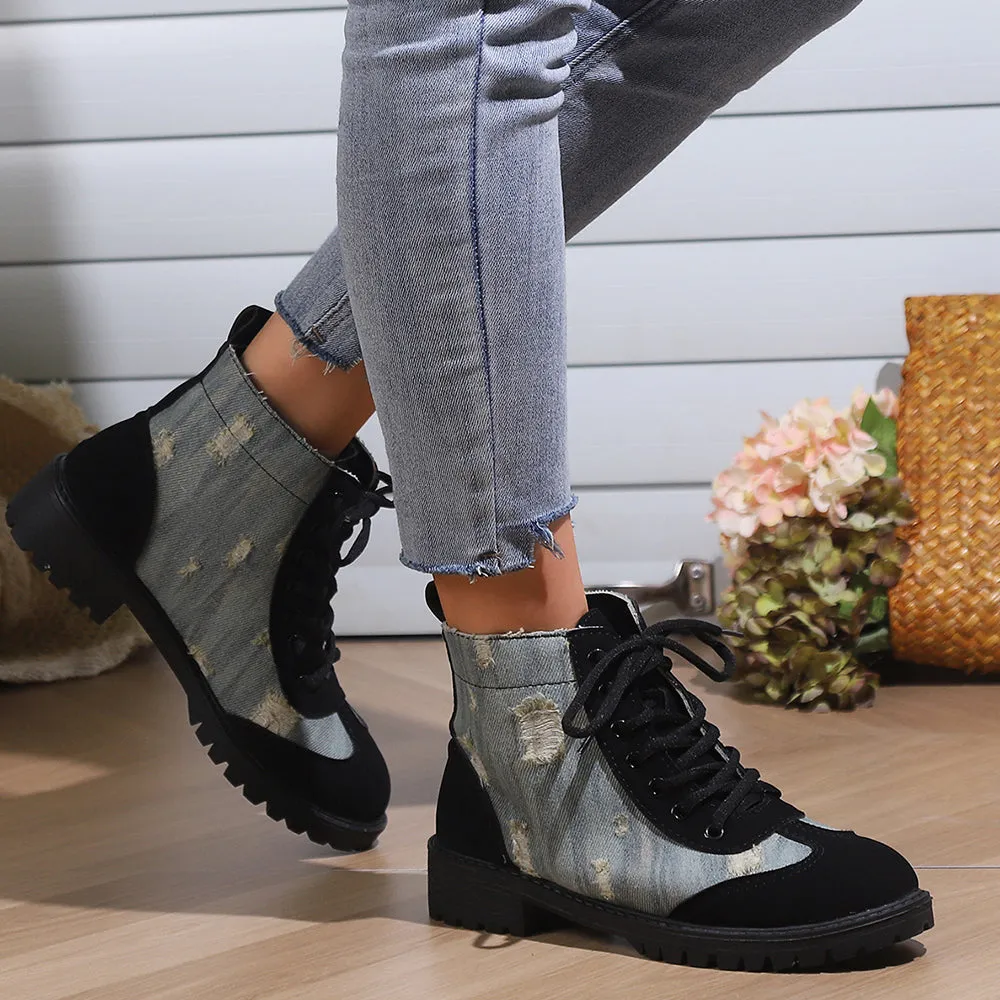 Betterthy Women's Fashion Retro Denim Patchwork Chunky Platform Heeled Ankle Boots