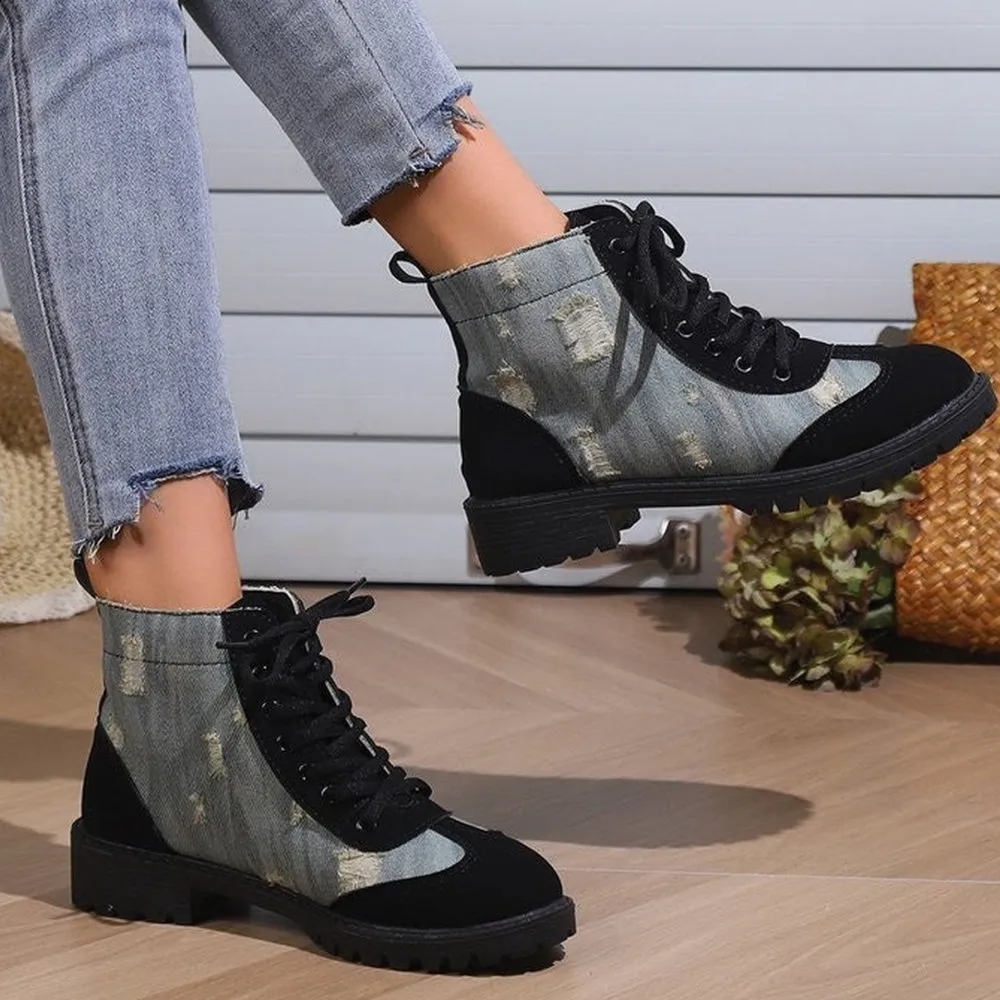 Betterthy Women's Fashion Retro Denim Patchwork Chunky Platform Heeled Ankle Boots