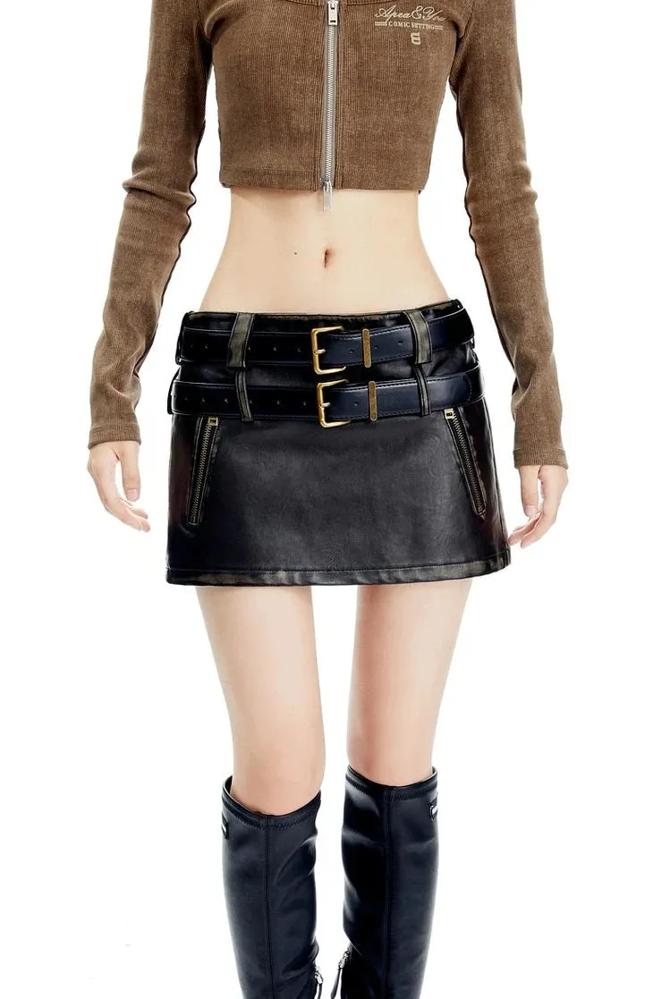 Double-Belted Faded Faux Leather Mini Skirt