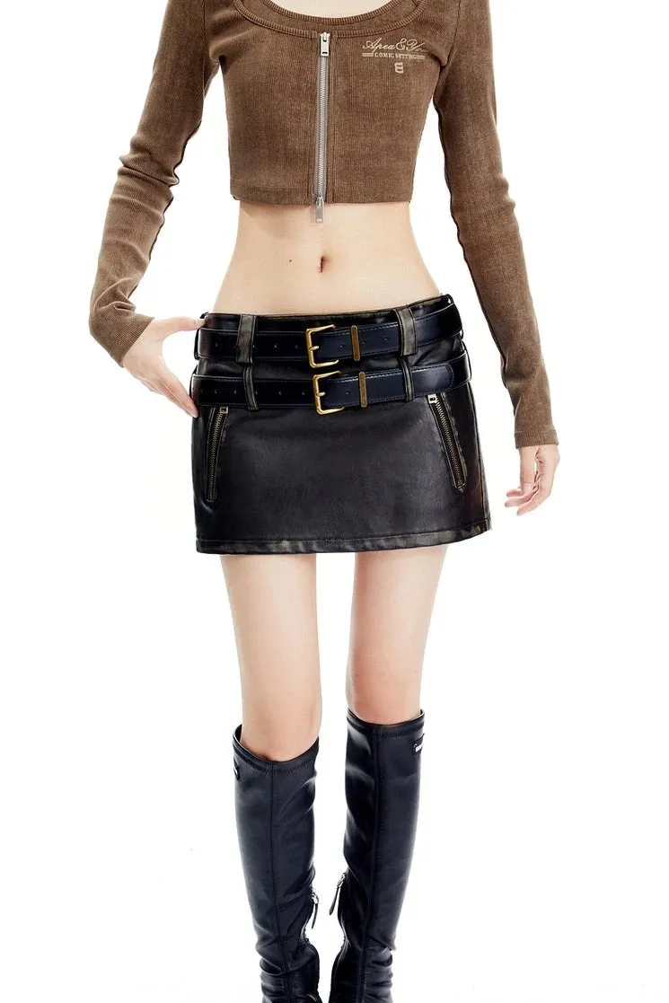 Double-Belted Faded Faux Leather Mini Skirt