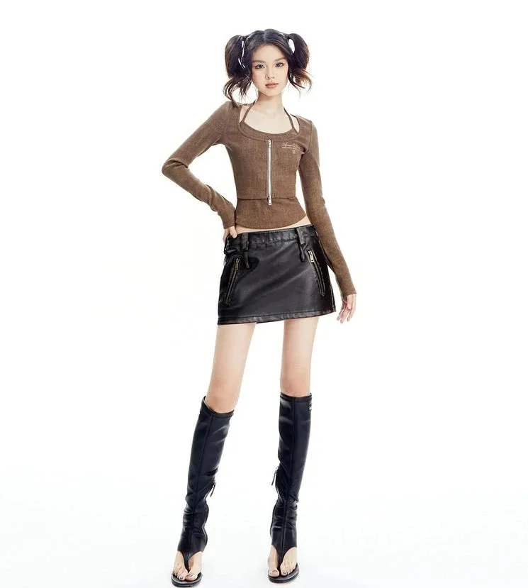 Double-Belted Faded Faux Leather Mini Skirt