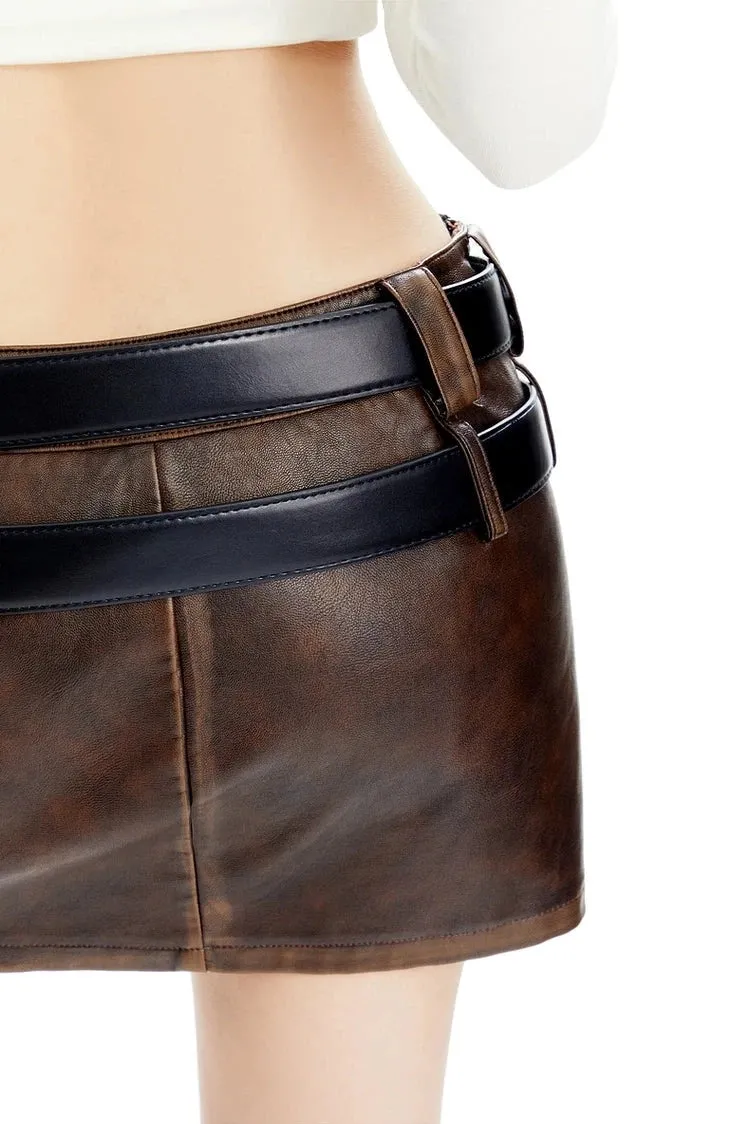 Double-Belted Faded Faux Leather Mini Skirt