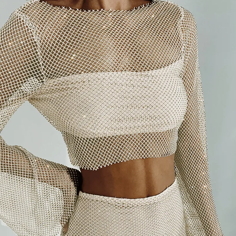 Long Sleeve Mesh Top and Skirt Set