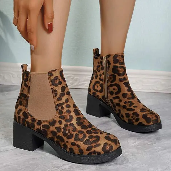 Women's Leopard Print Round Toe Block Heel Ankle Boots 17569337C